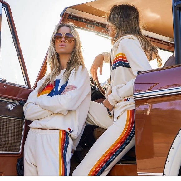 🌈 Aviator Nation Cream Rainbow Striped Hoodie - Picture 2 of 7